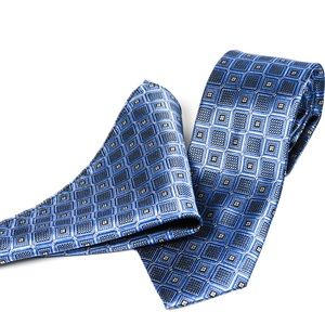 100% Silk Almasi Ties Blue Squares w/Pocket Square